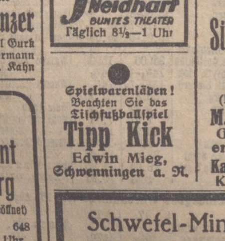 1925-08-19-Schwäbischer-Merkur-Morgenblatt-Seite-4-Werbeanzeige-Tipp-Kick-beachten-Mieg