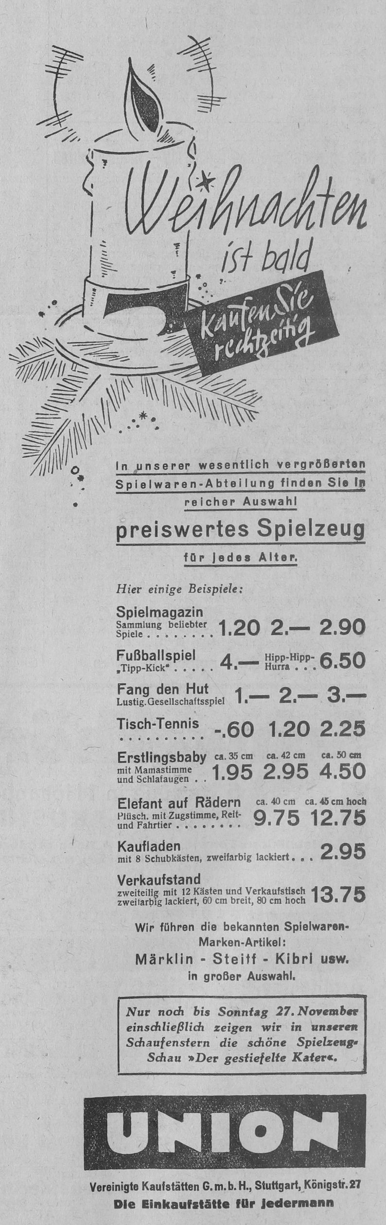 1938-11-26-Stuttgarter-Neues-Tageblatt-Abendausgabe-Seite-16-Werbeanzeige-Spielwarenladen-Stuttgart-Union